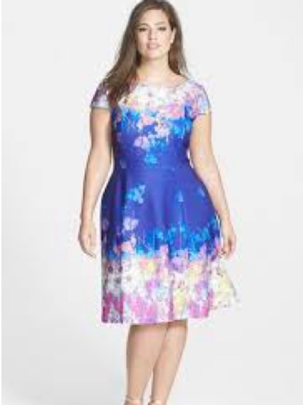 Adrianna Papell Blue Multicolor Floral Paint-Splash Midi Dress